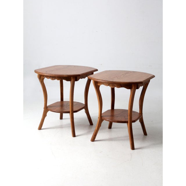 Mid 20th Century Vintage Oak Side Tables With Carved Wheat Sheaf Apron Pair For Sale - Image 5 of 9