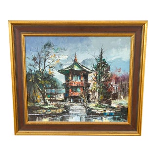 Mid Century Modern Oil Painting Original Art Landscape Tower Home Signed Asian For Sale