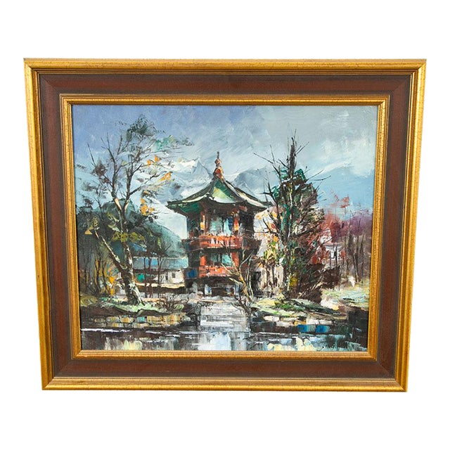 Mid Century Modern Oil Painting Original Art Landscape Tower Home Signed Asian For Sale