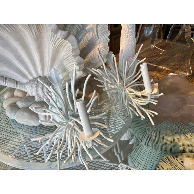 Vintage Pair Palm Beach Coral Metal Tole Wall Sconces Lights Newly Wired White For Sale In West Palm - Image 6 of 12