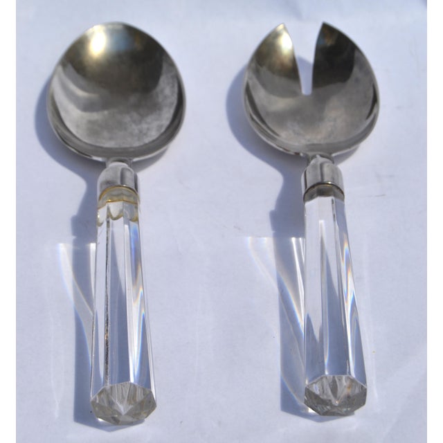 1960s 1960s Christofle Hotel Style Serving Silverplate Spoons Faceted Crystal Handle - Set of 2 For Sale - Image 5 of 12