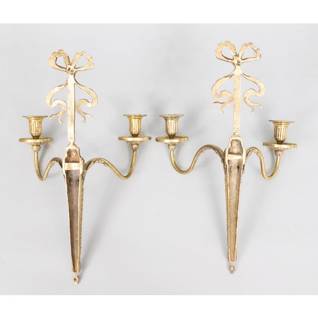 Antique Neoclassical Style French Brass Bow Candle Sconces - a Pair For Sale - Image 9 of 10