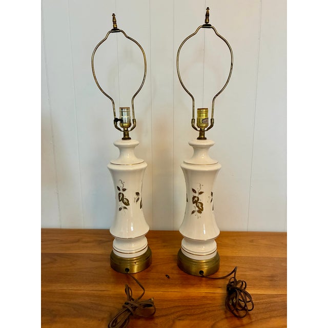 Metal Mid 20th Century Mid Century Modern Gilded Leaf Motif Ceramic Lamps - a Pair For Sale - Image 7 of 9