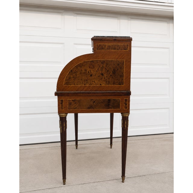 1920s Vintage Louis XVI Solid Wood Cylinder Desk With Rich Mahogany Finish and Green Marble Top For Sale - Image 5 of 7
