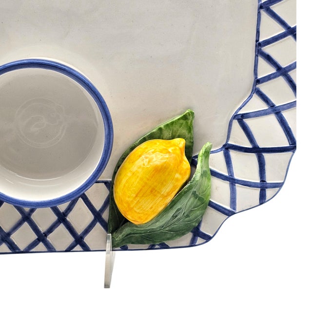 Italian Lemon Ceramic Serving Tray With Blue Lattice Rim 15" For Sale - Image 11 of 14