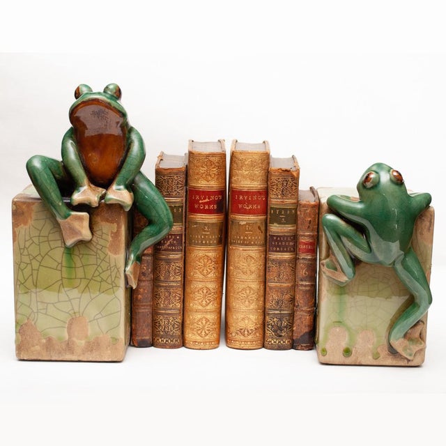 Mid Century Ceramic Crackle Glaze Sculptural Frog Bookends Pair Chairish