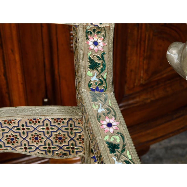 Moroccan 1930s Moroccan Metal Upholstered Settee With Enamel Décor and Rams' Heads For Sale - Image 3 of 12