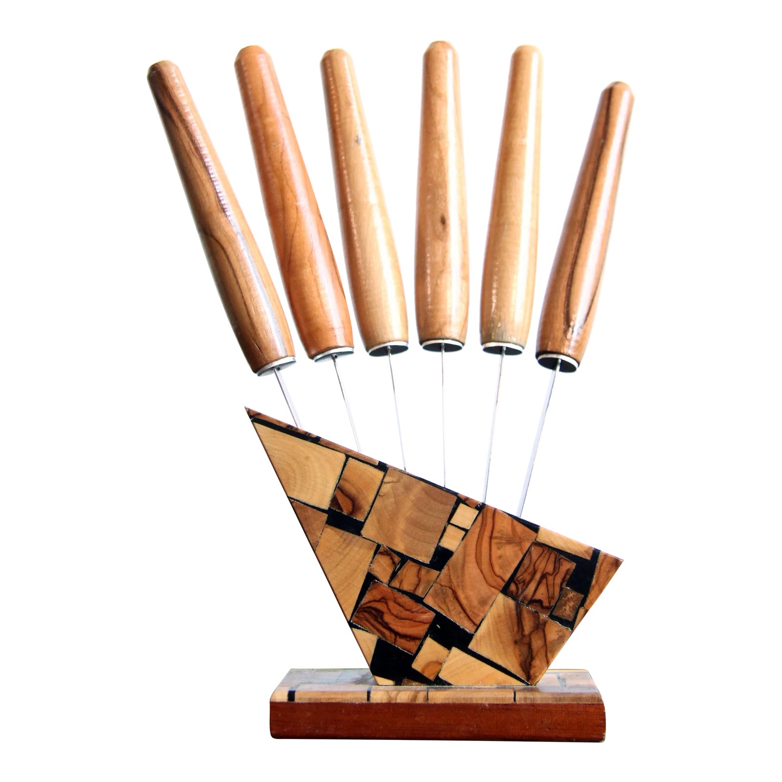 Vintage Olive Wood Table Knife Block Set by Beva of Israel - Set of 6