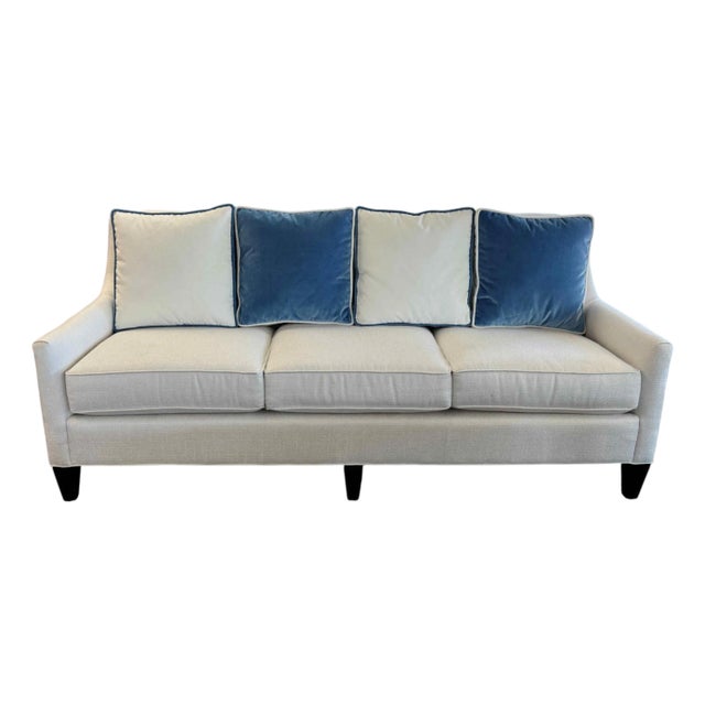 Coastal Contemporary CR Laine Ivory and Blue 3-Seat Sofa For Sale