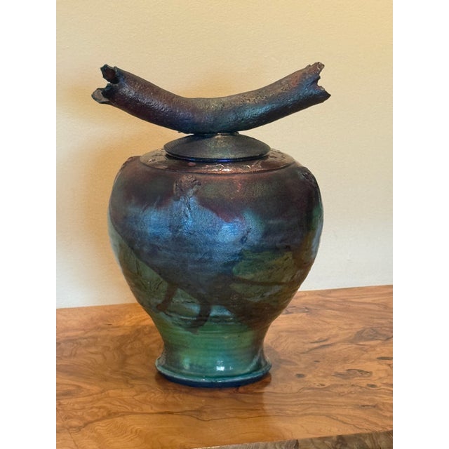 Exquisite Signed "Ryon" Large Studio Art Raku Lidded Vessel With Ceramic Branch-Like Handle With Decorative Jewel Adornment - Vintage For Sale - Image 11 of 12