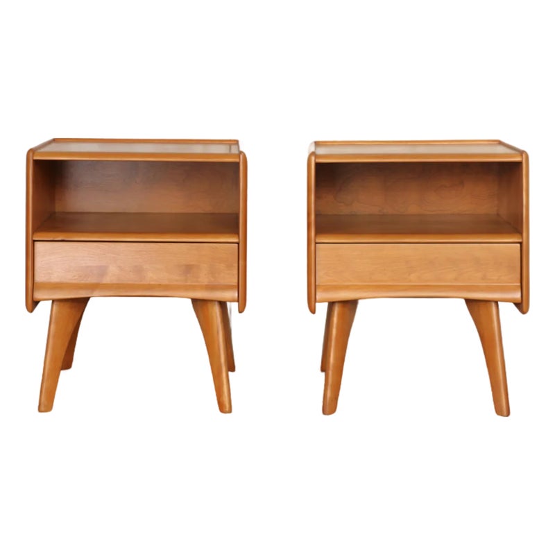 Two wooden nightstands with one drawer and shelf