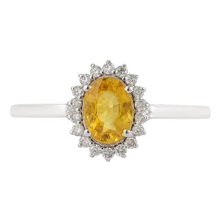 Oval Yellow Sapphire & Diamond Halo Vintage Ring in 14k White Gold Size 5 For Sale