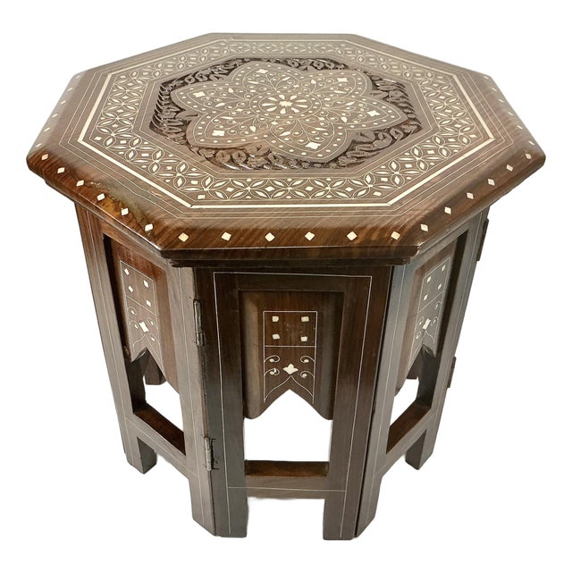 1970s Vintage Boho Chic Moroccan Mediterranean Octagonal Wood Inlaid Drinks Table For Sale