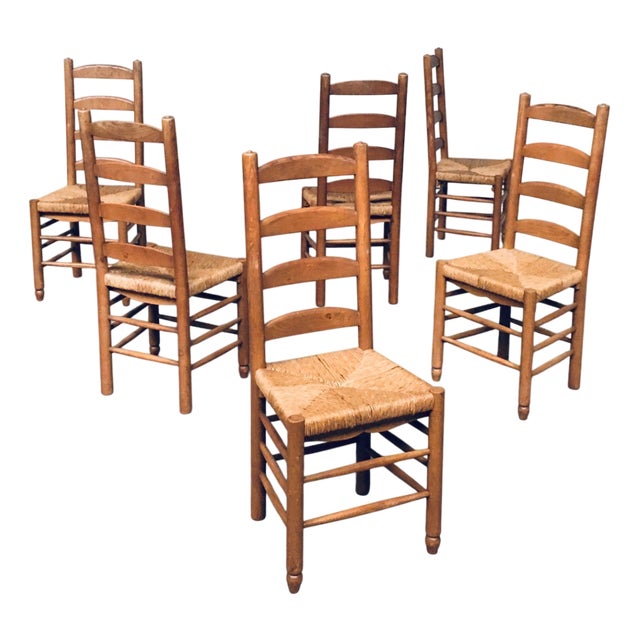 Rustic Oak and Rush High Ladder Back Dining Chairs, Belgium, 1950s, Set of 6 For Sale