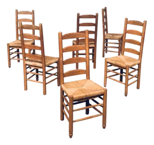 Rustic Oak and Rush High Ladder Back Dining Chairs, Belgium, 1950s, Set of 6