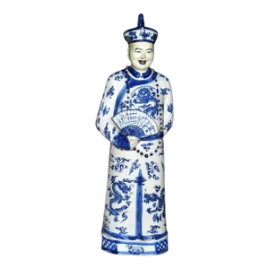 Chinese Blue & White Porcelain Emperor Figure of Official in Dragon Robe