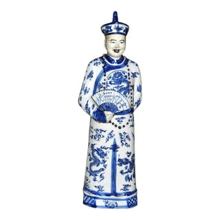 Chinese Blue & White Statuette of Emperor or Figure of Official in Dragon Robe For Sale