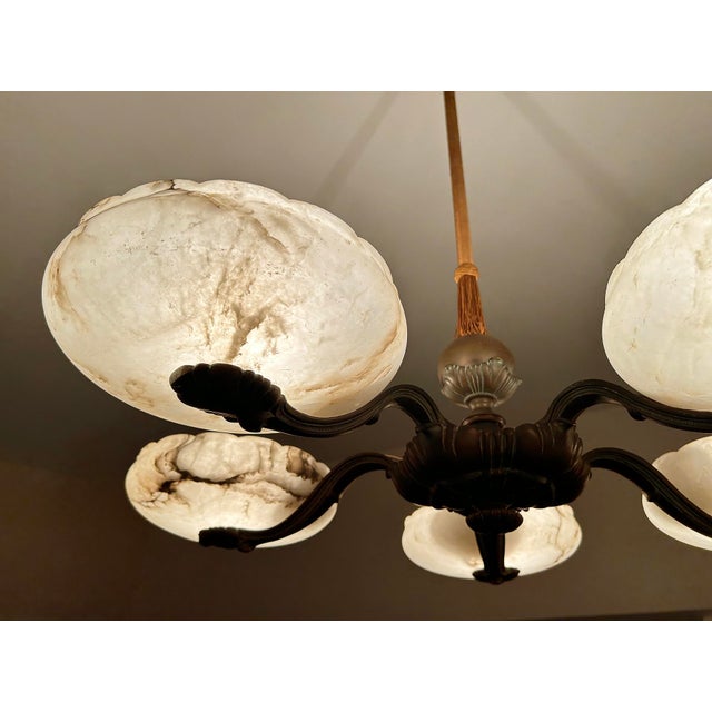 Large Art Deco Alabaster and Bronze Chandelier, 1930s For Sale - Image 11 of 18