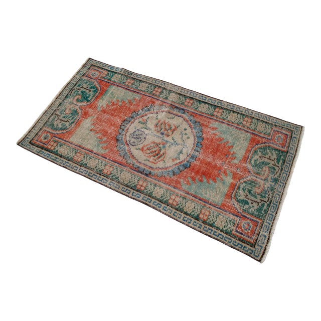 Turkish Hand Knotted Small Rug Distressed Doormat Kitchen Entrtyway Deco - 2′4″ × 4′4″ For Sale