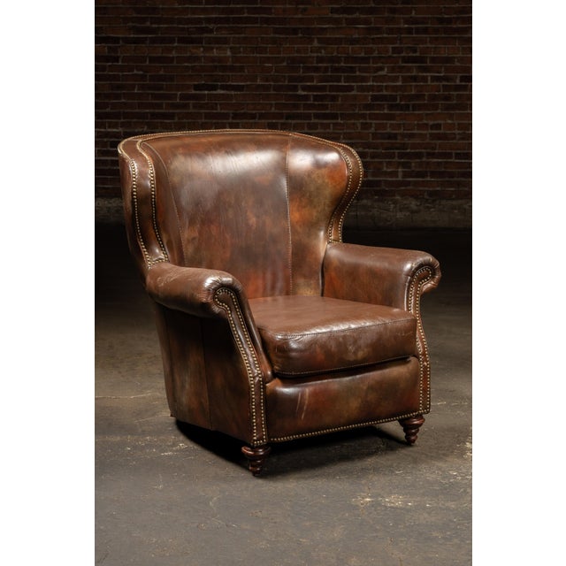 Vintage Wingback Leather Chair With Pillow, Ottoman by Walter E. Smithe For Sale In Chicago - Image 6 of 18