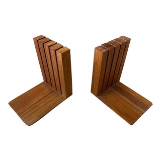 Pair of Danish Mid Century Modern Kalmar Solid Teak Wood Bookends, Vintage 1970's For Sale
