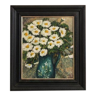 Vintage Floral Oil Painting in Black Wooden Frame – Textured Daisy Artwork, Still Life Wall Art, 20.5x24”, Cottagecore Home Decor For Sale