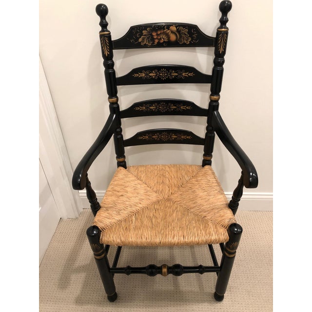 1980s L Hitchcock Harvest Stenciled Ladder Back Rush Bottom Chairs