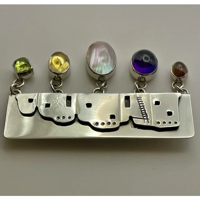 Native American Sterling Silver Gemstone Brooch Navajo Signed Nakai Pueblo Adobe Village For Sale - Image 4 of 7
