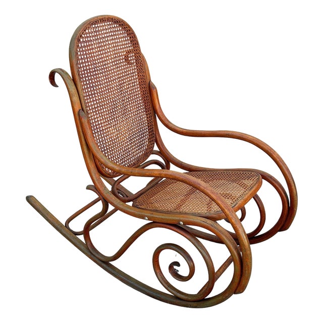 Late Victorian Oak & Caine Scrolling Rocking Chair Attributed to Thonet No. 4 For Sale