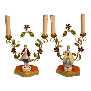 Antique Tole Candelabra Table Lamp: Courting Lady & Gentleman