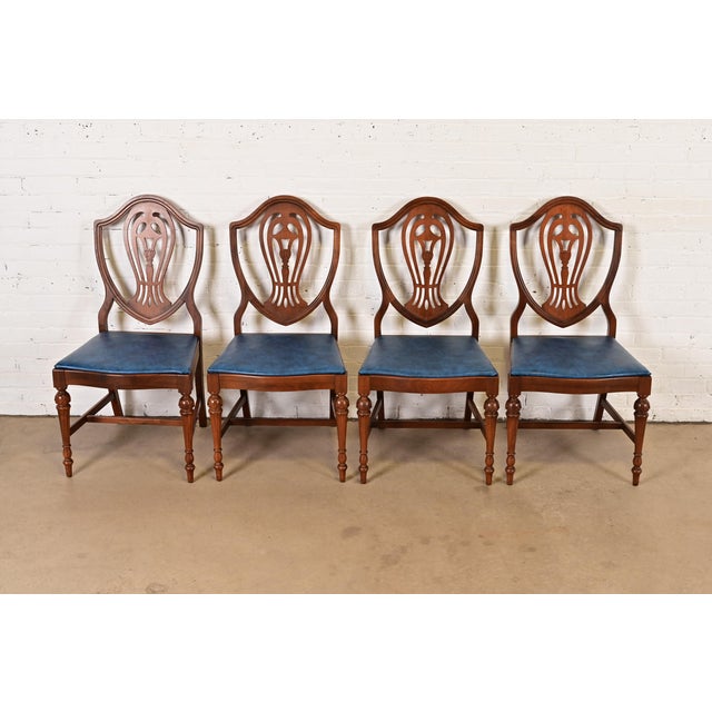 English Baker Furniture Style Federal Carved Mahogany Shield Back Dining Chairs, Set of Four For Sale - Image 3 of 12