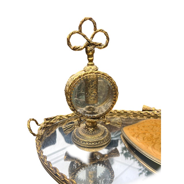 1960s Vintage Brass Gold Vanity Make Up Set With Tray Perfume Mirror Powder For Sale - Image 5 of 9