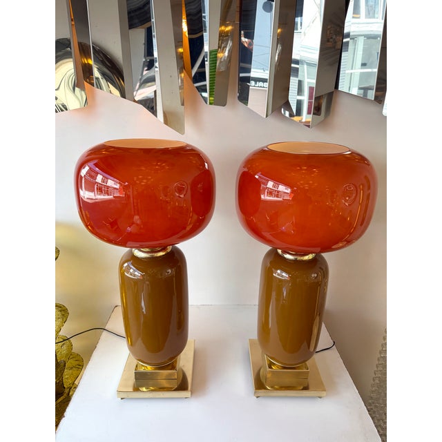 Metal Contemporary Pair of Brass and Red Murano Glass Bulb Shade Lamps, Italy For Sale - Image 7 of 12