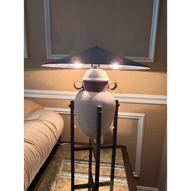 Postmodern 1980s Postmodern Max Blumberg Amphora Urn Ceramic Table Lamp With Metal Coolie Shade For Sale - Image 3 of 12