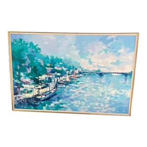 1970s Abstract Nautical Oil Painting of Boats on a River Signed John Zaccheo