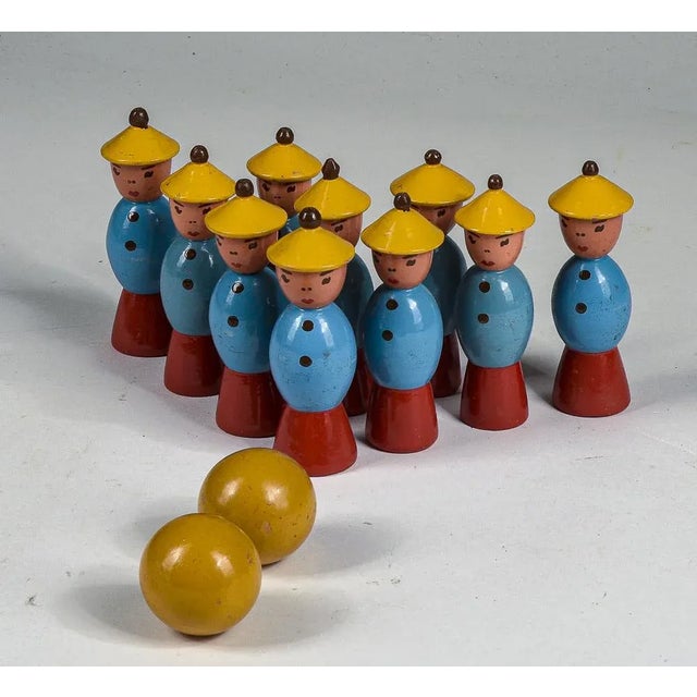 Wood Chinese Figures Wooden Toy Game with Yellow Hat and 2 Original Yellow Balls by Gurman Bowling, 1940s, Set of 12 For Sale - Image 7 of 7