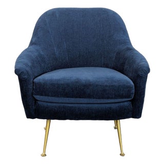 West Elm Phoebe Ink Blue Lounge Chair With Gold Metal Legs For Sale