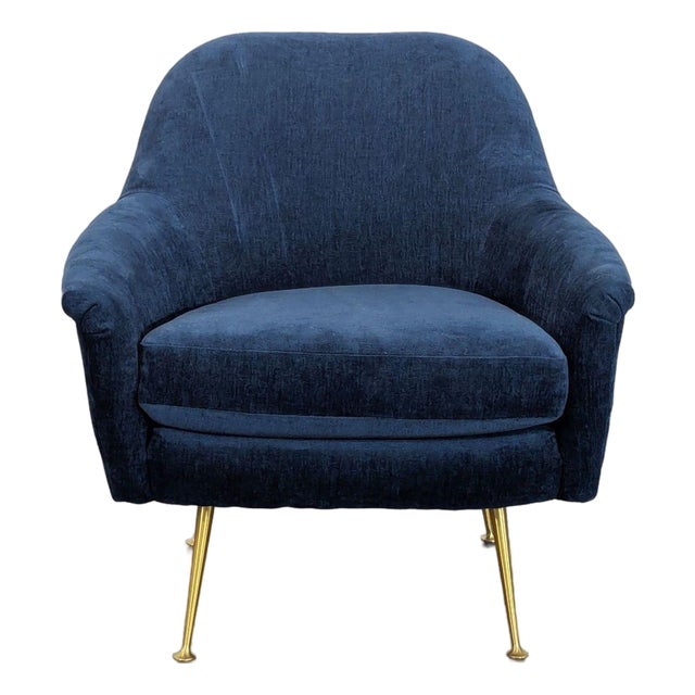 West Elm Phoebe Ink Blue Lounge Chair With Gold Metal Legs For Sale