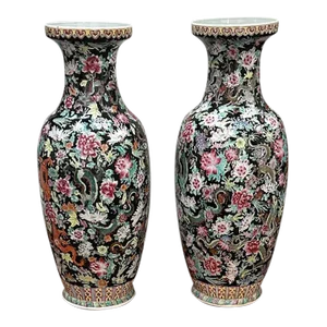 A Pair of 1920s Large Chinese Famille Noire Porcelain Vase
