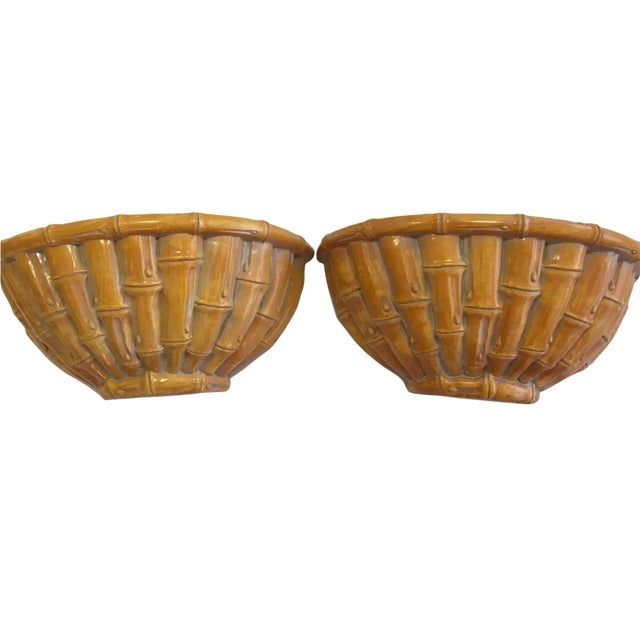 Chinoiserie Large Vintage Palm Beach Coastal Chinoiserie Faux Bamboo Wall Shelves Brackets Sconces- A Pair For Sale - Image 3 of 8