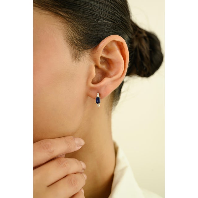 1.0Ct Emerald Cut Blue Sapphire & Diamond Hoop Earrings in 14k Yellow Gold- A Pair For Sale In New York - Image 6 of 12