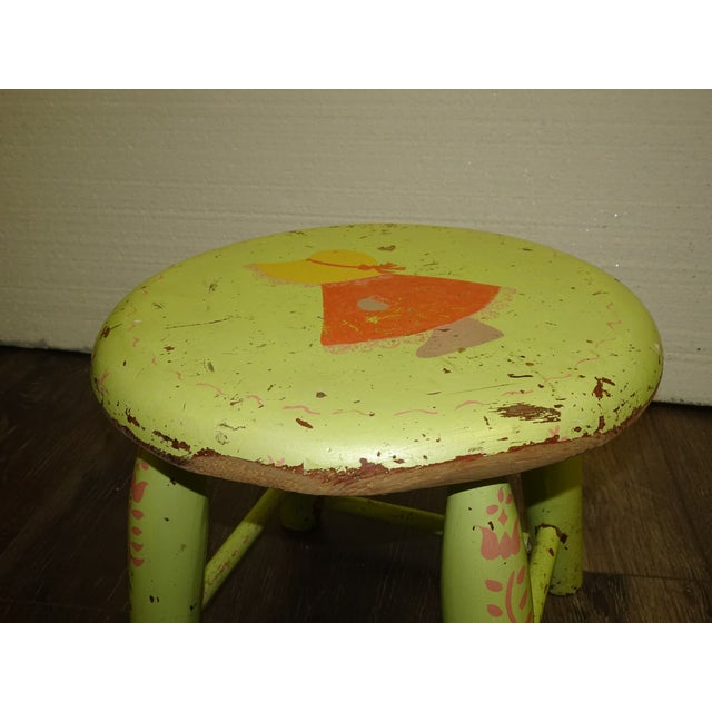 Vintage French Country Lime Green Rustic Footstool Stool W a Child Pictured For Sale - Image 13 of 16