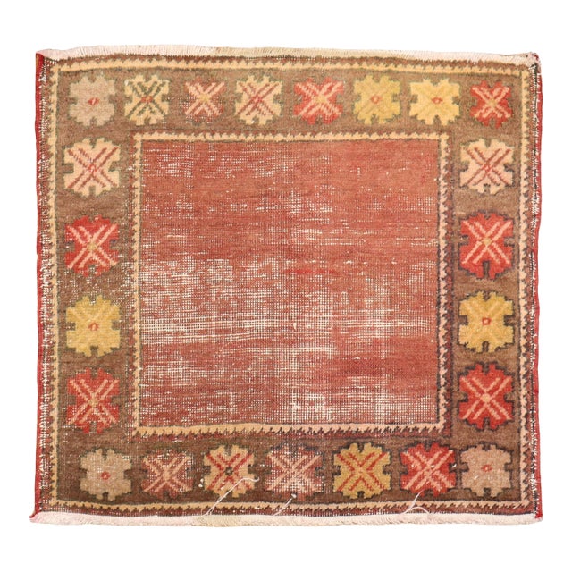 Mid 20th Century Zabihi Collection Brown Color Open Field Turkish Anatolian Square Mini Rug For Sale