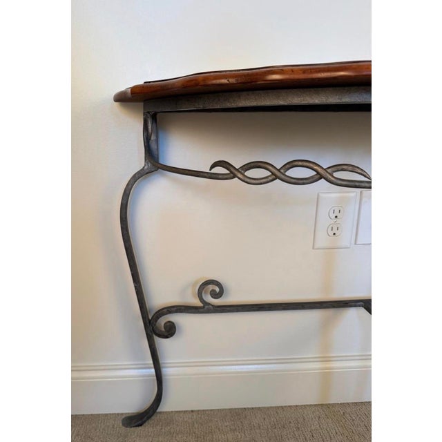Mid 20th Century Spanish Revival Veneer Sunburst Demi-Lune and Wrought Iron Console Table For Sale In Atlanta - Image 6 of 7