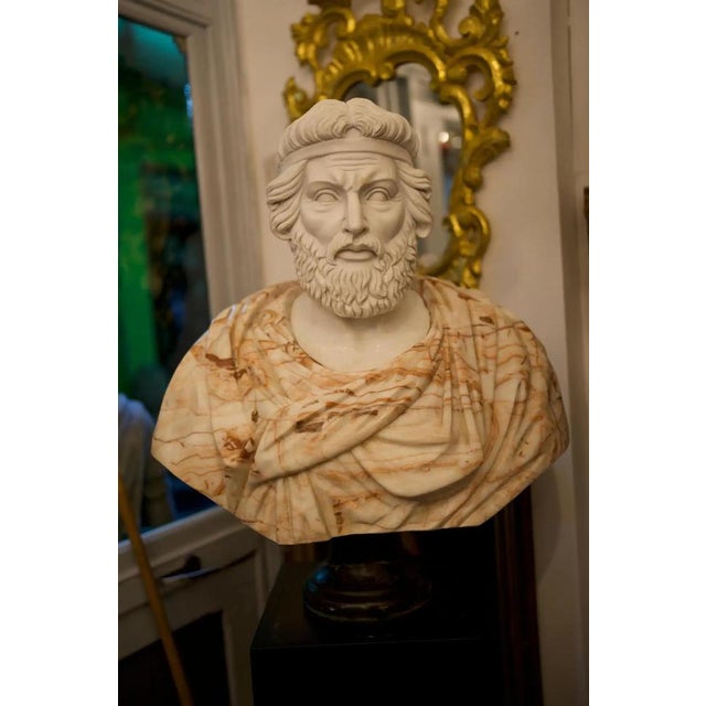 Hand-Carved Bust of Roman Man, 20th Century, White Carrara and Red Alicante Marble For Sale - Image 4 of 10