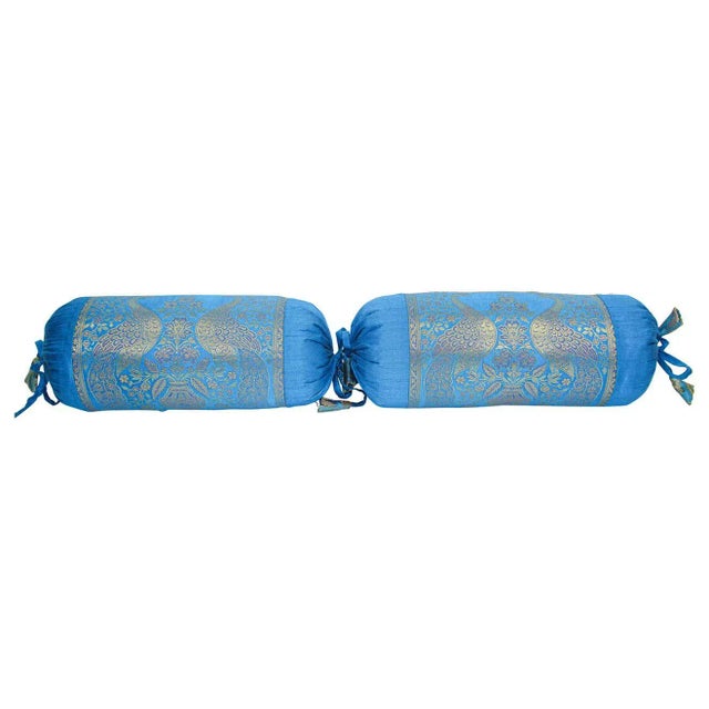 Bolster Pillows Turquoise Blue and Gold Colors with Peacock - A Pair For Sale - Image 13 of 13