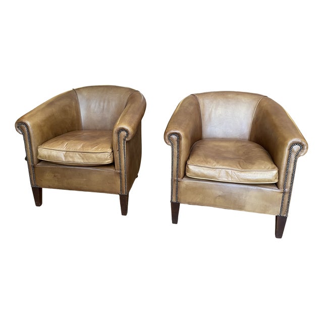 Camel Leather Club Chairs, 1990s, Set of 2 For Sale