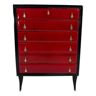 Italian Art Deco Cherry Red Parchment and Black Lacquered Chest of Drawer, 1950s For Sale