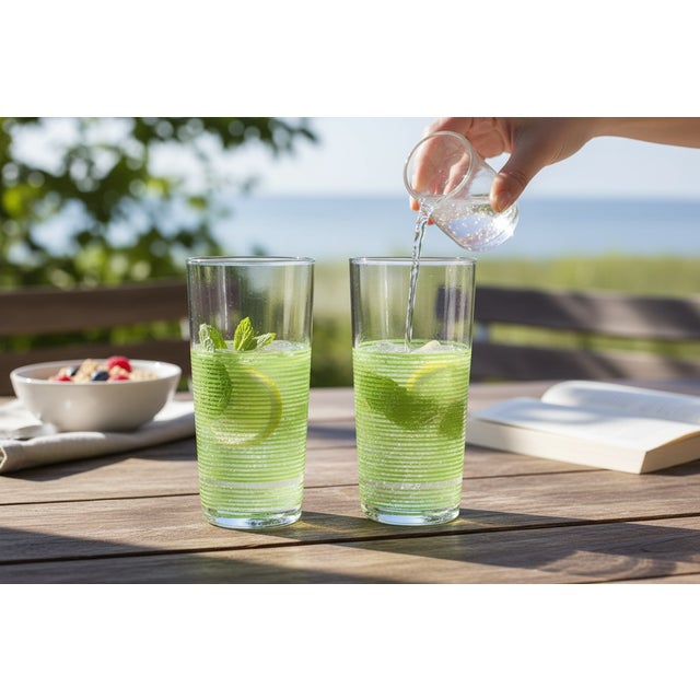 Mid-century-modern vintage glasses. Set of 2 'Icicle' ring pattern tall glasses signed Culver LTD. in a variant of the...