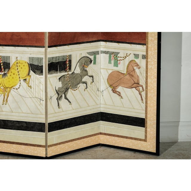 Brown Japanese Inspired Six-Panel Screen with Horses in Stable with Bamboo Backdrop For Sale - Image 8 of 18